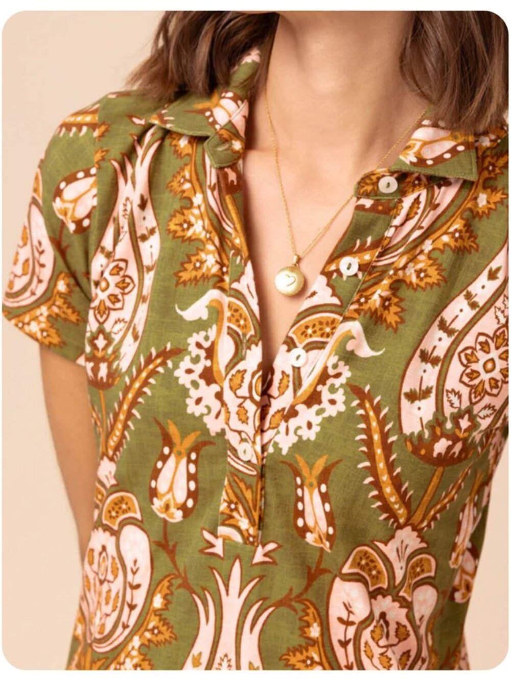Spartina 449 Devin Polo Mercer House Damask Olive Short Sleeve Dress sz L - Picture 2 of 9